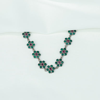 Ayushi Semiprecious Delicate Ruby & Emerald Daisy Flower 925 Silver Necklace