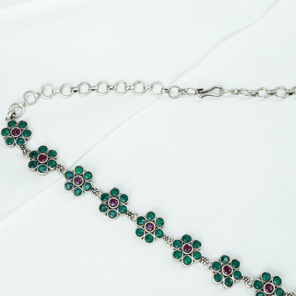 Ayushi Semiprecious Delicate Ruby & Emerald Daisy Flower 925 Silver Necklace