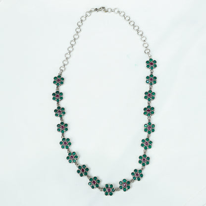Ayushi Semiprecious Delicate Ruby & Emerald Daisy Flower 925 Silver Necklace