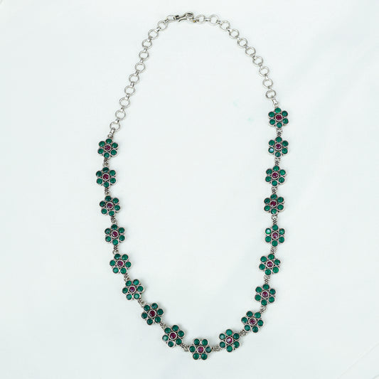 Ayushi Semiprecious Delicate Ruby & Emerald Daisy Flower 925 Silver Necklace