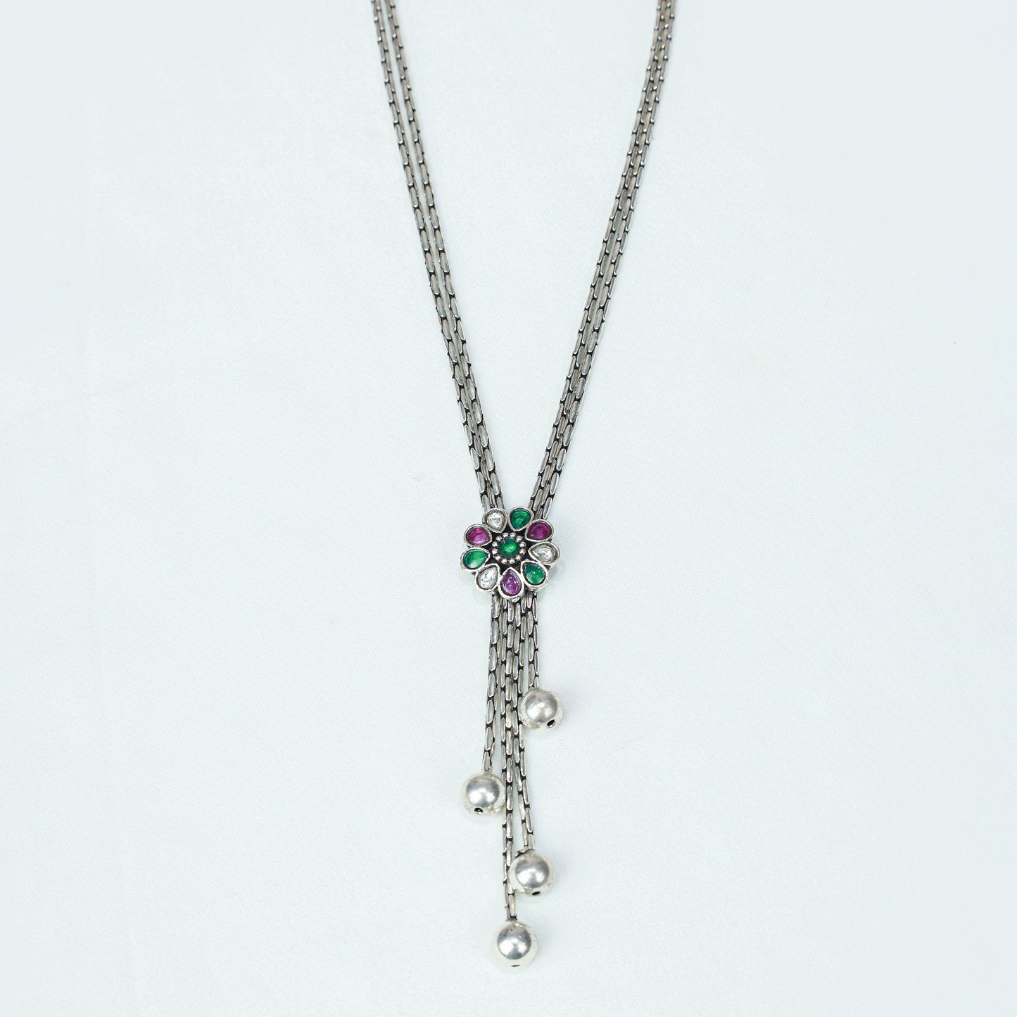 Ayushi Floral Tie Chain With Dangling Silver Beads 925 Silver Necklace