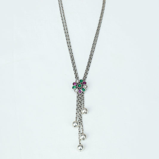 Ayushi Floral Tie Chain With Dangling Silver Beads 925 Silver Necklace