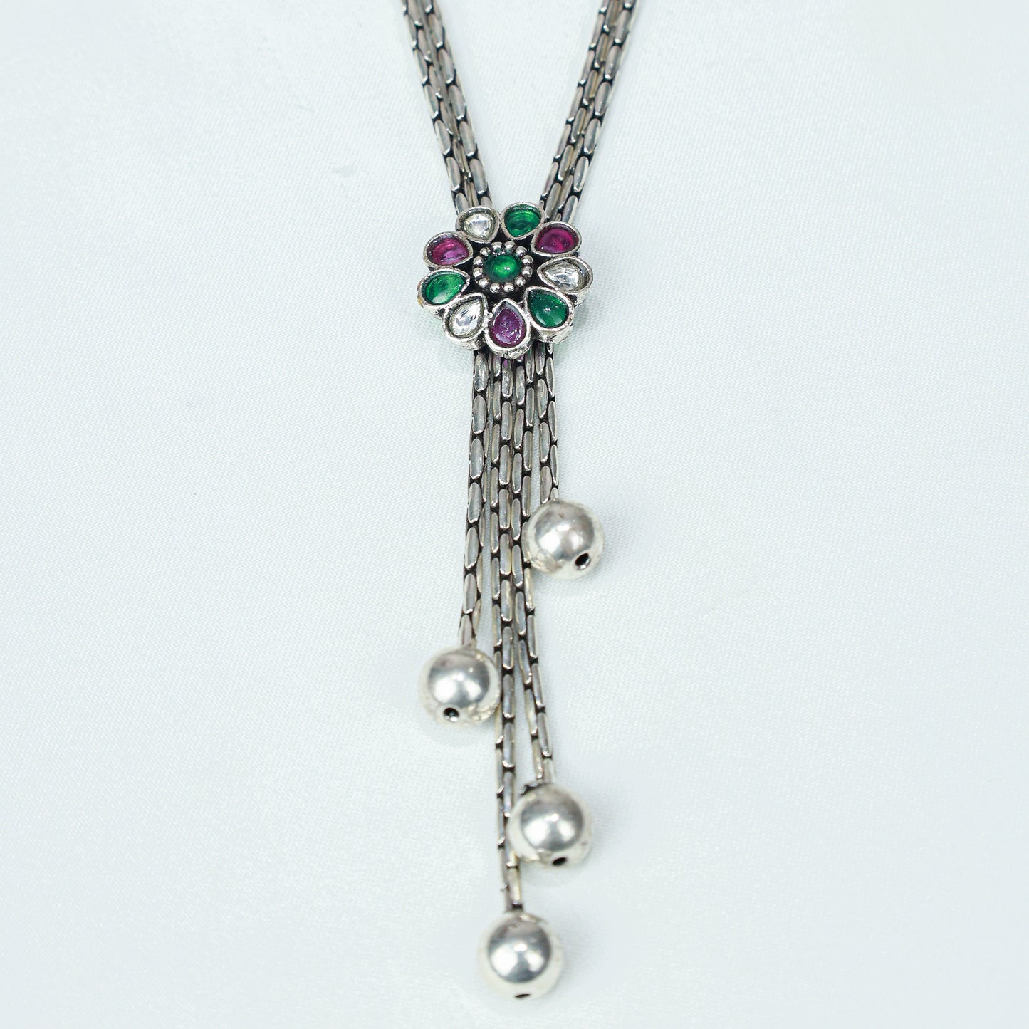 Ayushi Floral Tie Chain With Dangling Silver Beads 925 Silver Necklace