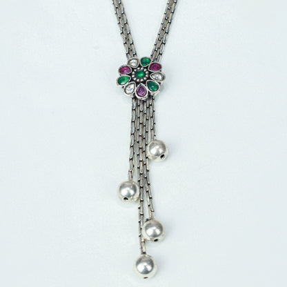 Ayushi Floral Tie Chain With Dangling Silver Beads 925 Silver Necklace