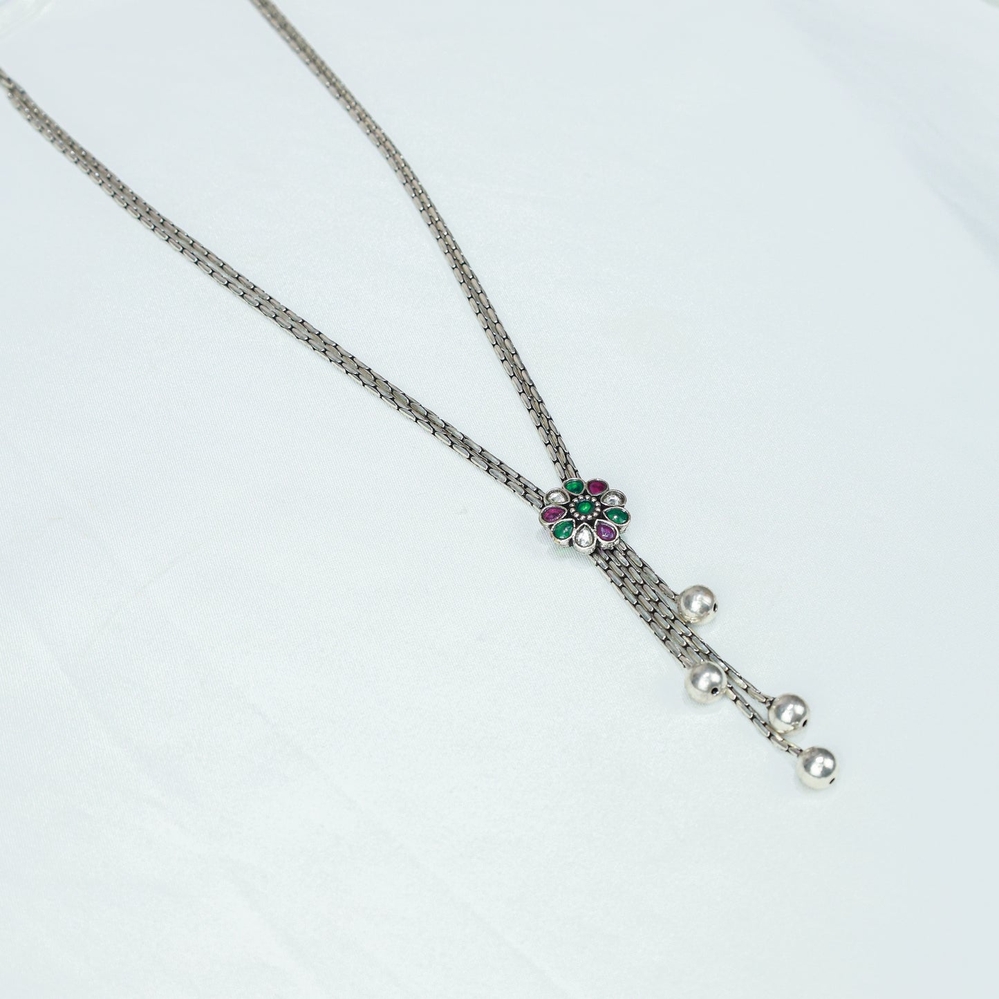Ayushi Floral Tie Chain With Dangling Silver Beads 925 Silver Necklace