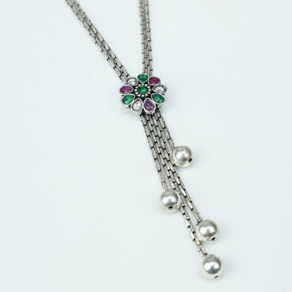 Ayushi Floral Tie Chain With Dangling Silver Beads 925 Silver Necklace