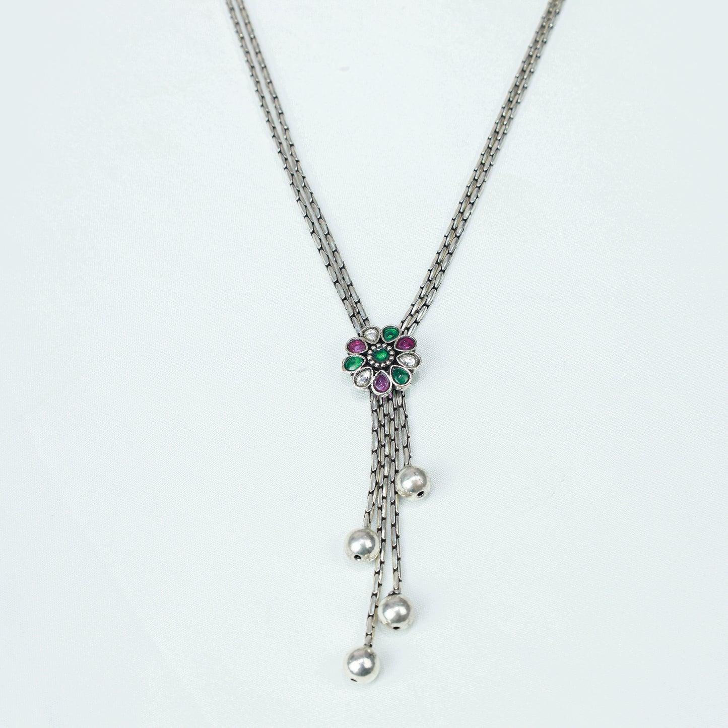 Ayushi Floral Tie Chain With Dangling Silver Beads 925 Silver Necklace