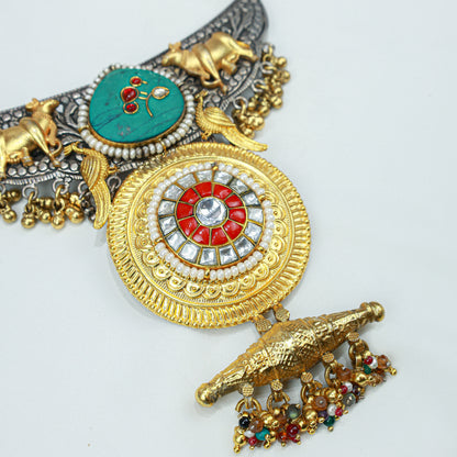 Anokhi Dual Tone Cow Motif And Kundan 925 Silver Necklace