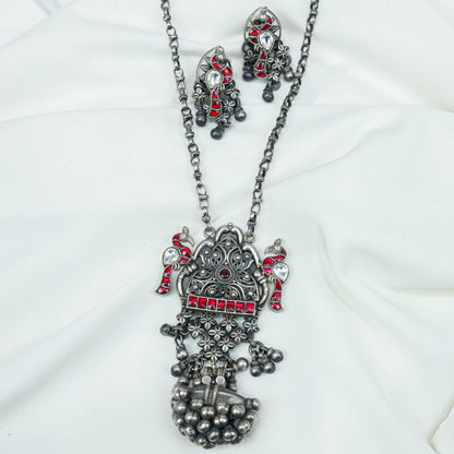 Anokhi Bird And Tabeej Motif 925 Silver Jhalar Necklace With Earrings