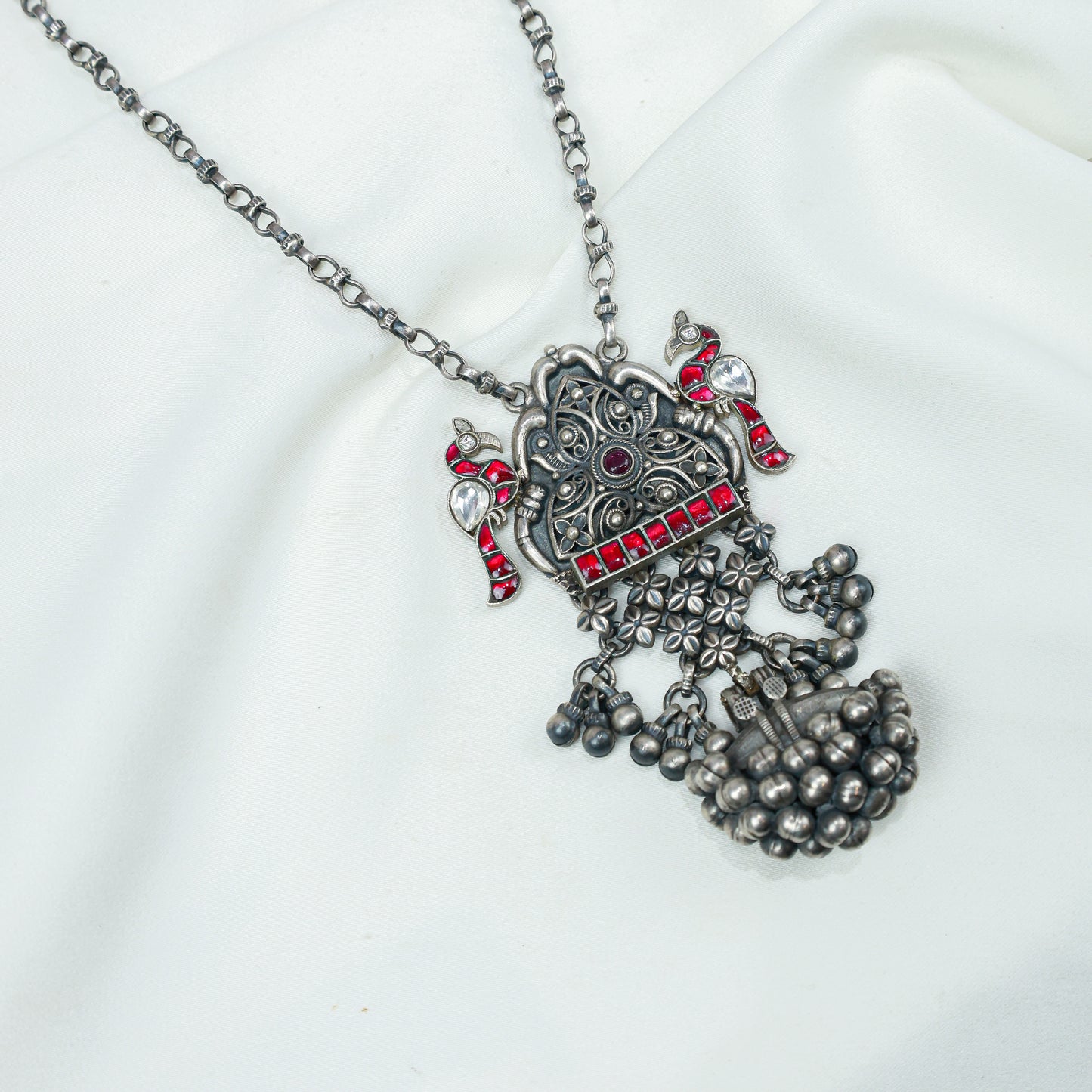 Anokhi Bird And Tabeej Motif 925 Silver Jhalar Necklace With Earrings