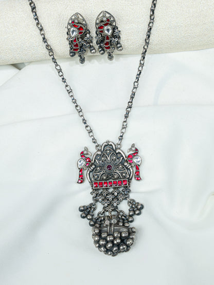 Anokhi Bird And Tabeej Motif 925 Silver Jhalar Necklace With Earrings