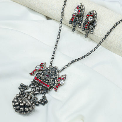 Anokhi Bird And Tabeej Motif 925 Silver Jhalar Necklace With Earrings