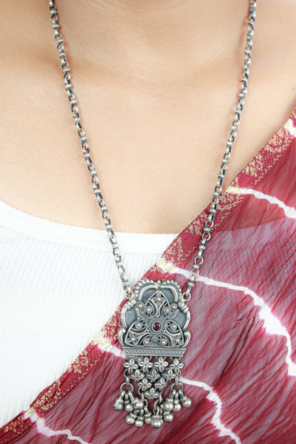 Tridha Tribal Statement Filigree Work and Ruby Necklace With Earrings