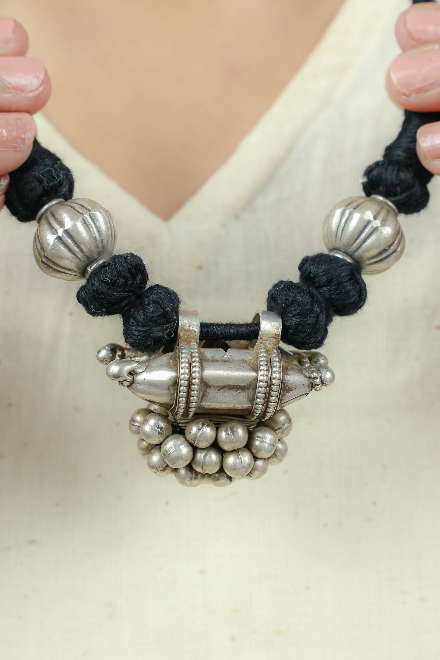 Tridha Tribal Vintage 925 Silver Tabeej Necklace With Black Dori