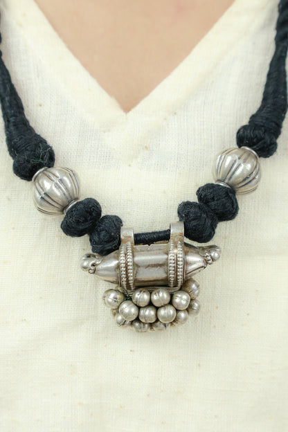 Tridha Tribal Vintage 925 Silver Tabeej Necklace With Black Dori
