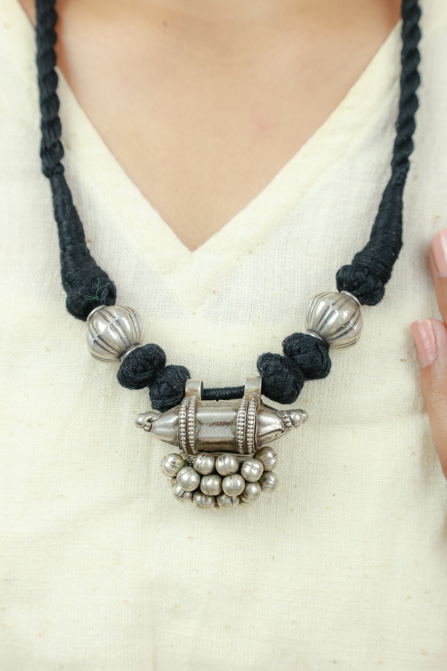 Tridha Tribal Vintage 925 Silver Tabeej Necklace With Black Dori