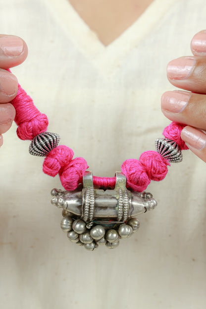 Tridha Tribal Tabeej With Pink Dori 925 Silver Necklace