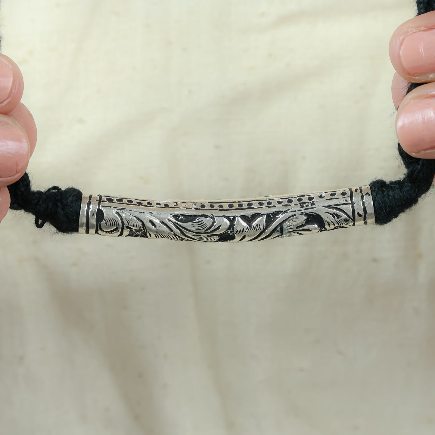 Noor Tribal Chitai Tube 925 Silver Necklace With Black Dori