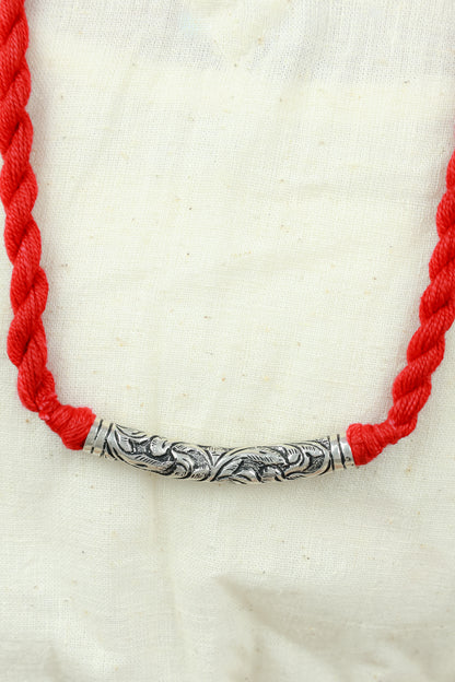 Noor Tribal Chitai Tube 925 Silver Necklace With Red Dori