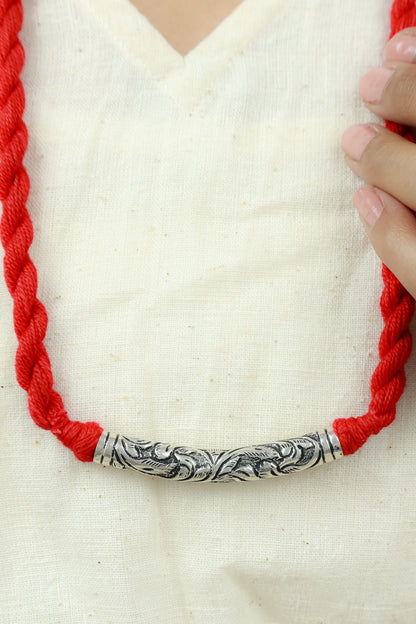 Noor Tribal Chitai Tube 925 Silver Necklace With Red Dori