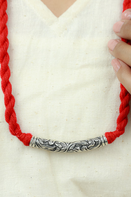 Noor Tribal Chitai Tube 925 Silver Necklace With Red Dori