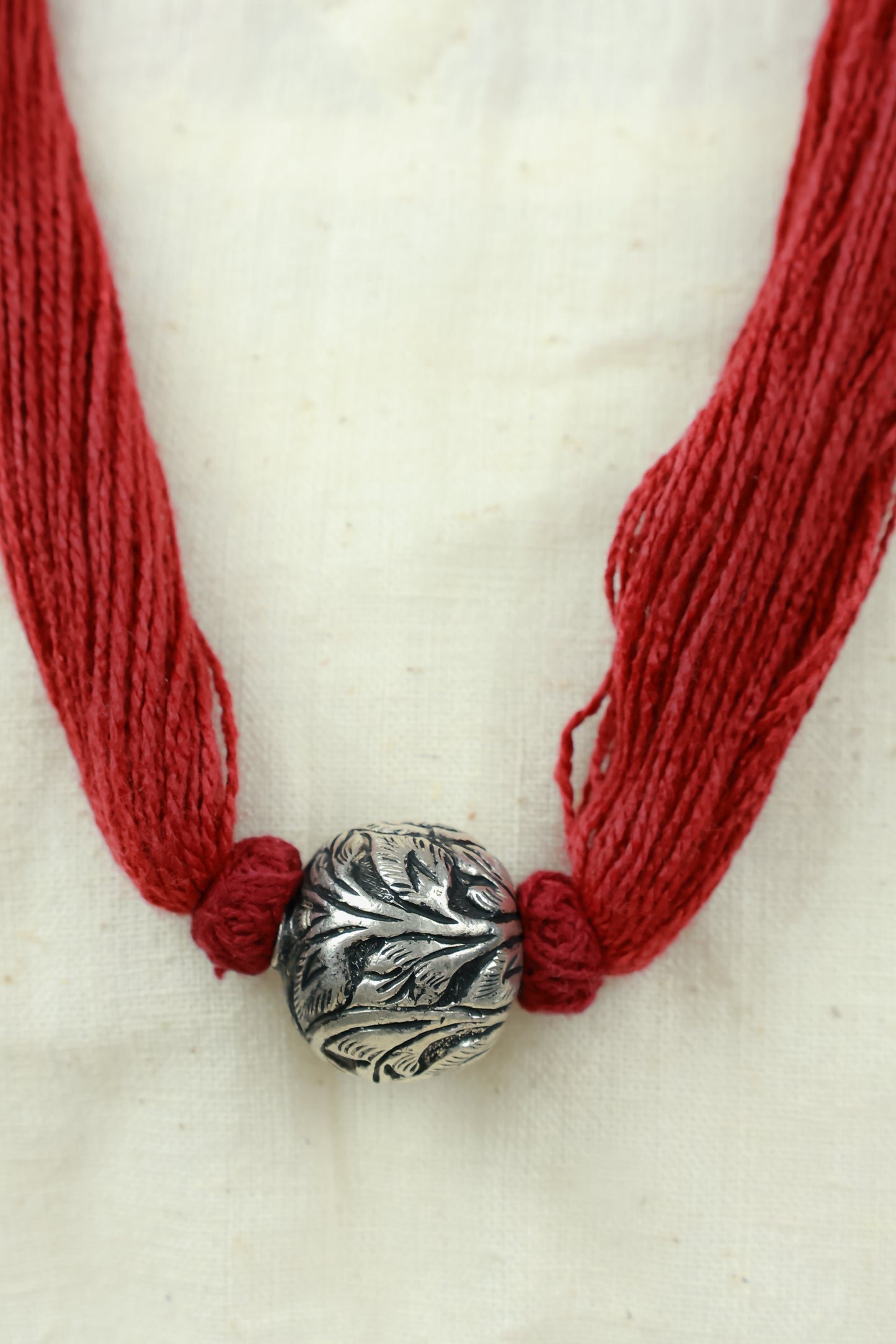 Noor Single Chitai Ball 925 Silver Necklace With Red Dori
