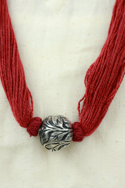 Noor Single Chitai Ball 925 Silver Necklace With Red Dori