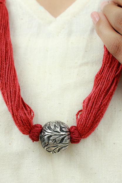 Noor Single Chitai Ball 925 Silver Necklace With Red Dori