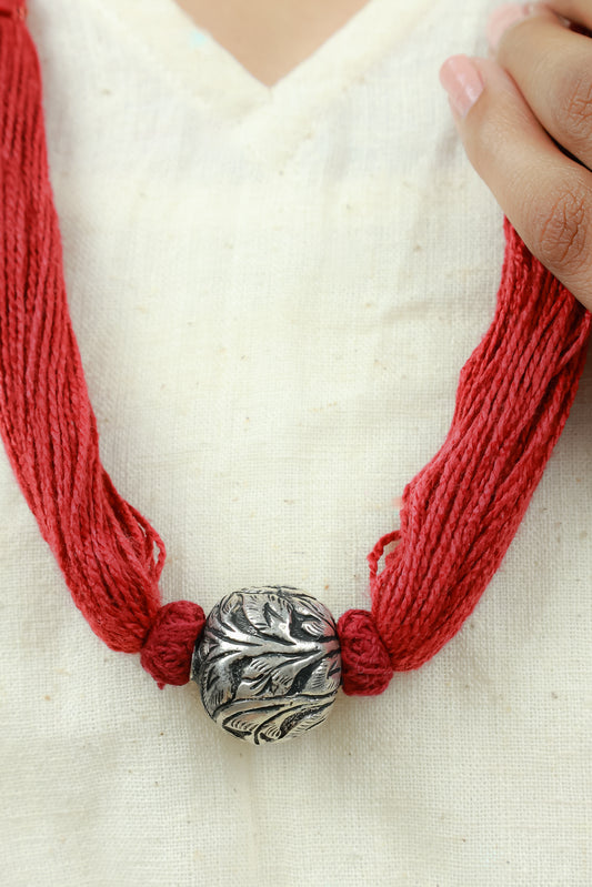 Noor Single Chitai Ball 925 Silver Necklace With Red Dori