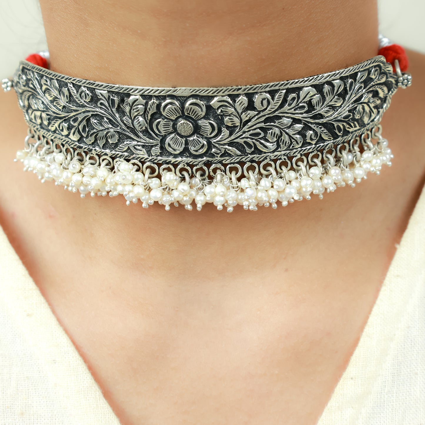 Noor Phool Pati Chitai 925 Choker Necklace With Pearls & Red Dori