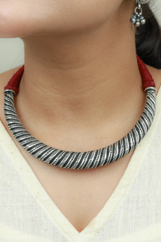 Tridha Tribal Criss Cross 925 Silver Hasli With Adjustable Dori