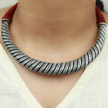 Tridha Tribal Criss Cross 925 Silver Hasli With Adjustable Dori