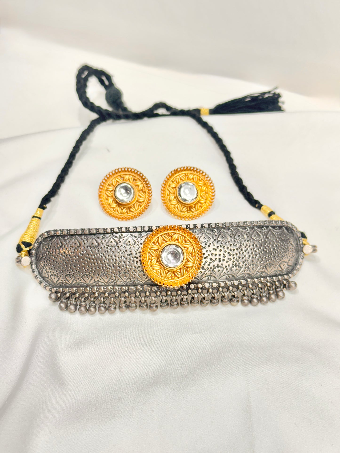 925 Silver Necklace| Anokhi Dual Tone Kundan Silver Choker Necklace Set