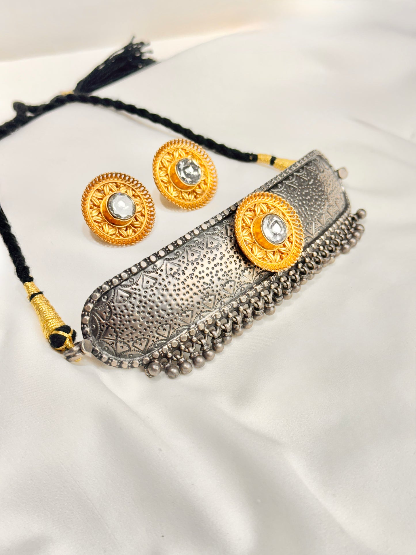 925 Silver Necklace| Anokhi Dual Tone Kundan Silver Choker Necklace Set