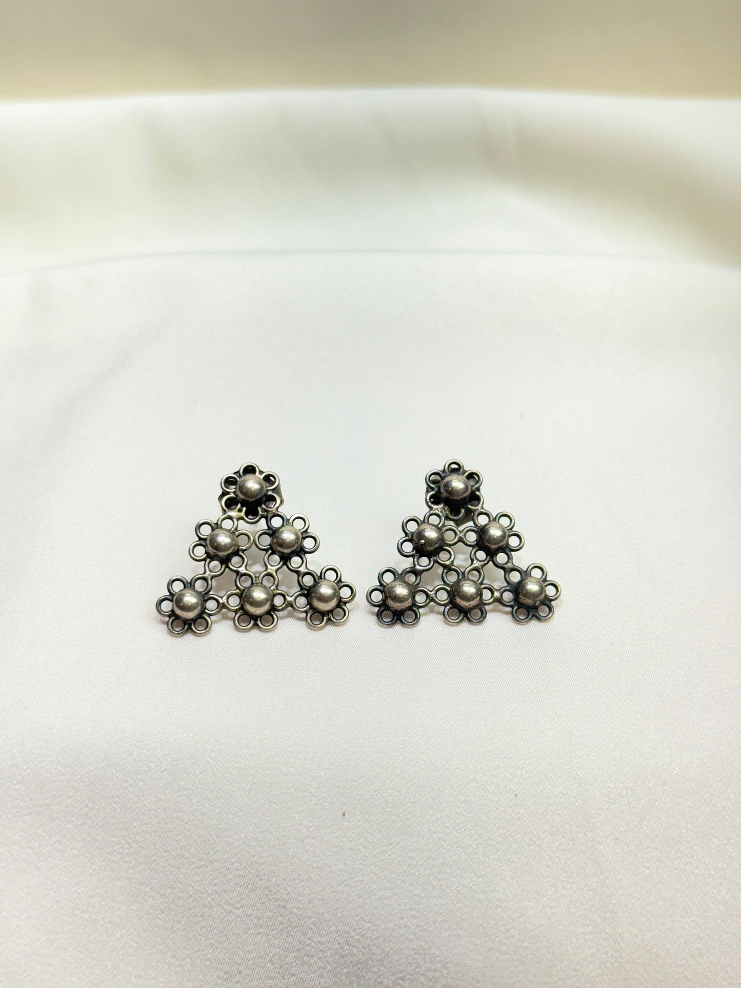 925 Silver Earrings|Tridha Floral Jali Triangular Sillver Stud Earrings