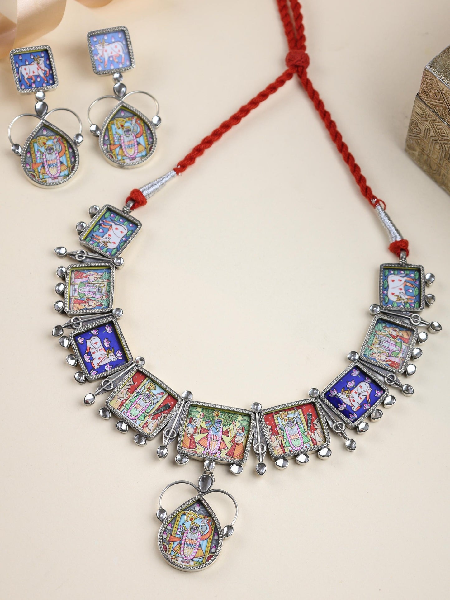 92.5 Silver | Hastakala Pichwai Handpainted Necklace & Earrings Set