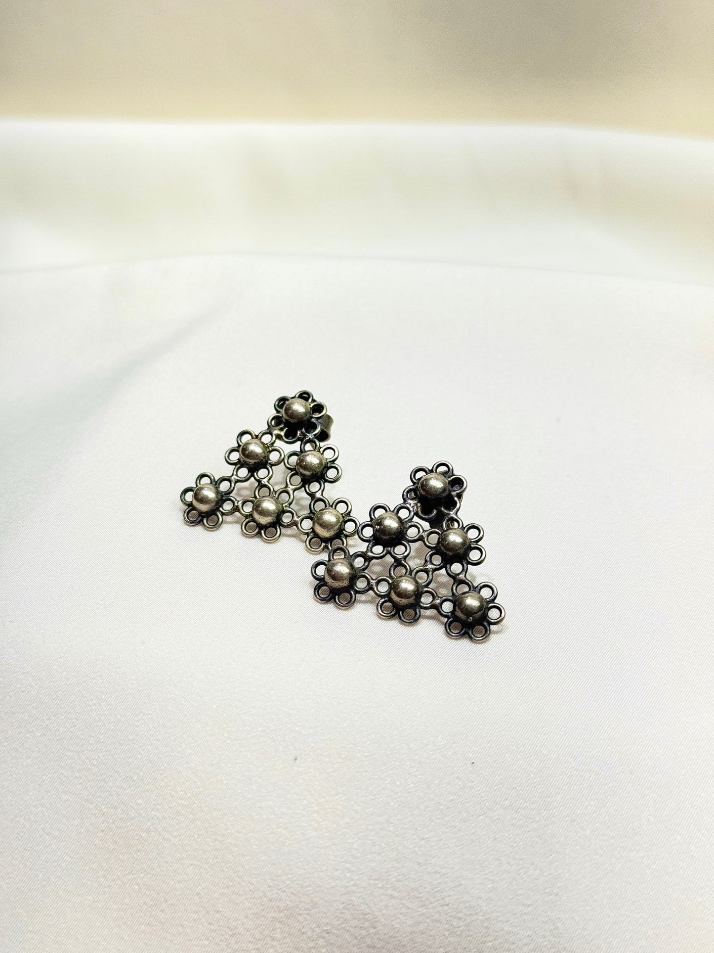 925 Silver Earrings|Tridha Floral Jali Triangular Sillver Stud Earrings