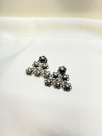 925 Silver Earrings|Tridha Floral Jali Triangular Sillver Stud Earrings