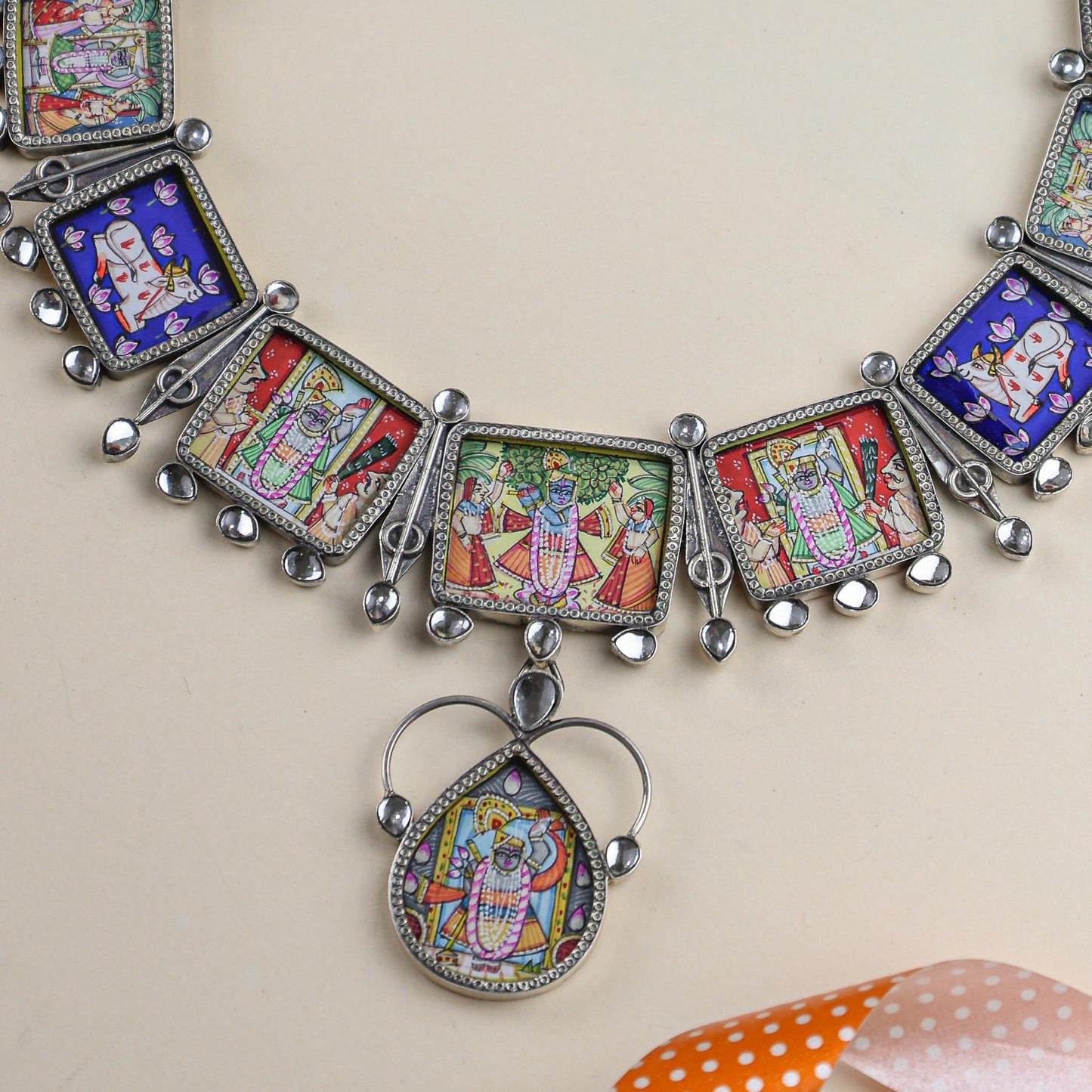92.5 Silver | Hastakala Pichwai Handpainted Necklace & Earrings Set