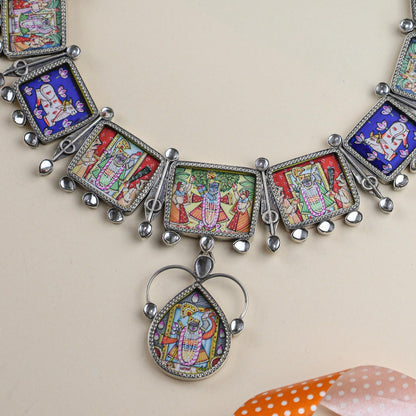 92.5 Silver | Hastakala Pichwai Handpainted Necklace & Earrings Set