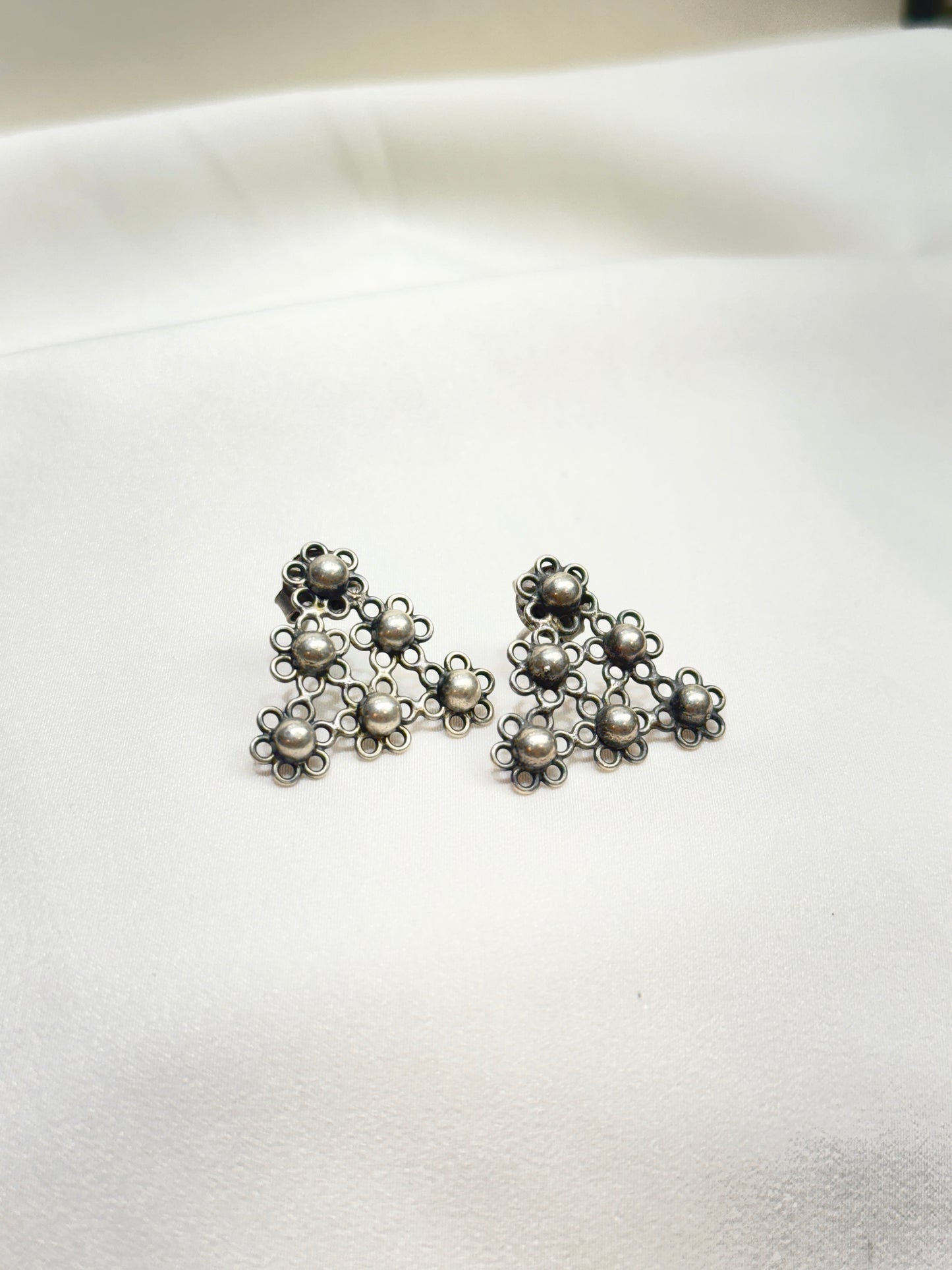 925 Silver Earrings|Tridha Floral Jali Triangular Sillver Stud Earrings