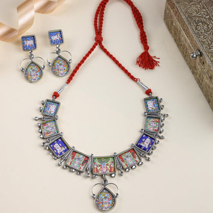 92.5 Silver | Hastakala Pichwai Handpainted Necklace & Earrings Set
