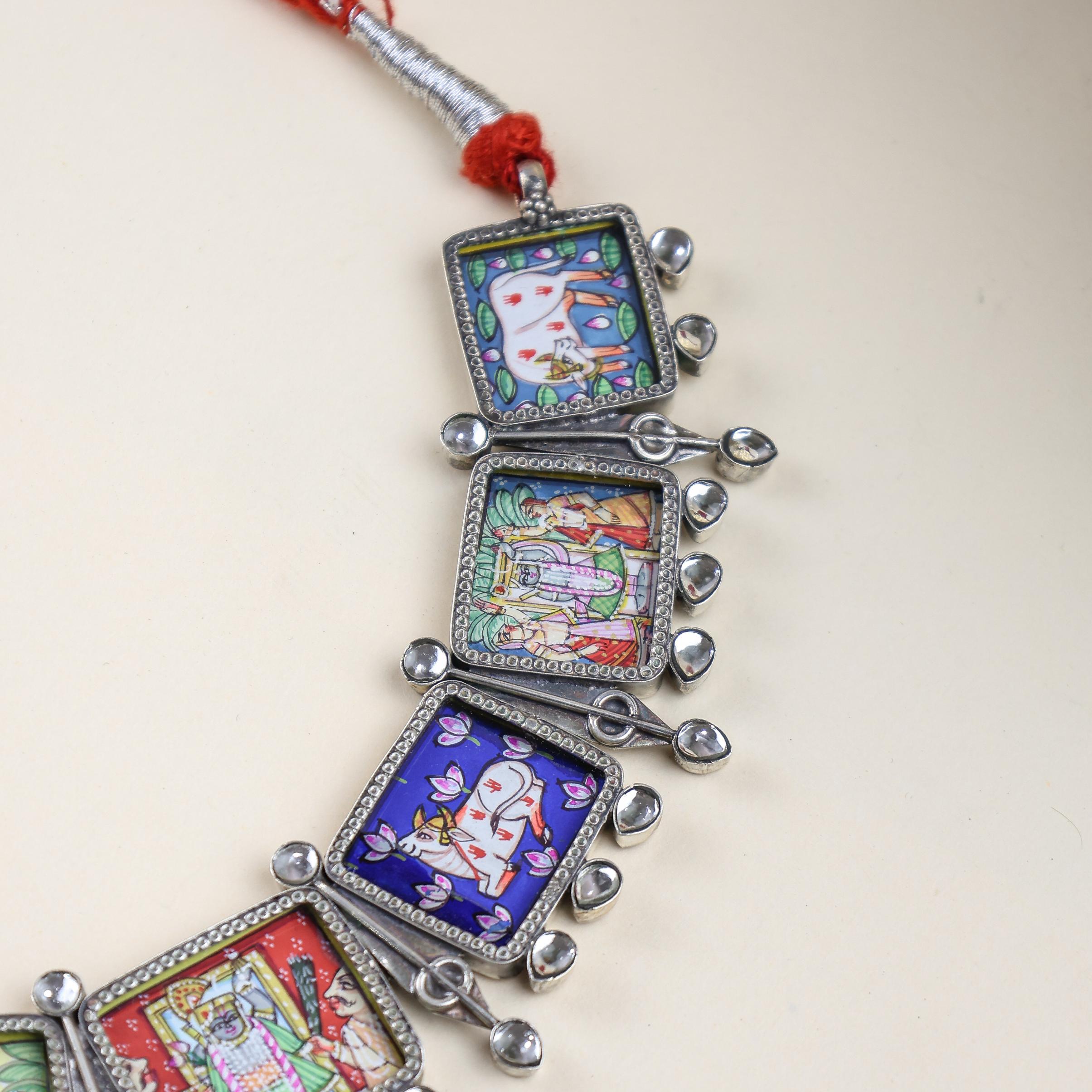 92.5 Silver | Hastakala Pichwai Handpainted Necklace & Earrings