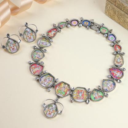 92.5 Silver | Hastakala Pichwai Statement Handpainted Necklace & Earrings Set
