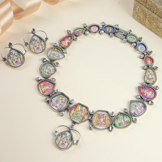 92.5 Silver | Hastakala Pichwai Statement Handpainted Necklace & Earrings Set