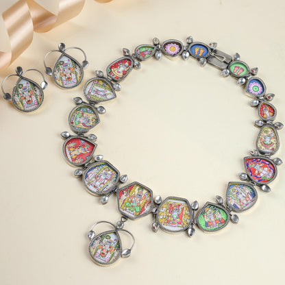 92.5 Silver | Hastakala Pichwai Statement Handpainted Necklace & Earrings Set