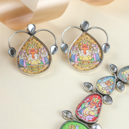 92.5 Silver | Hastakala Ganesha Statement Handpainted Necklace & Earrings Set