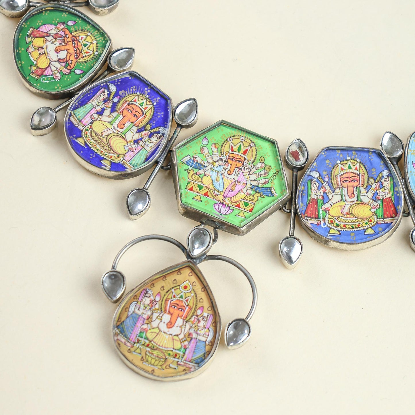 92.5 Silver | Hastakala Ganesha Statement Handpainted Necklace & Earrings Set