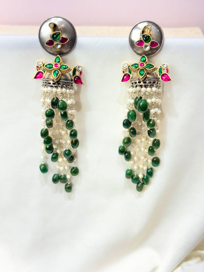 Anokhi Mayur Pearl&Green Aventurine Waterfall 92.5 Silver Earrings