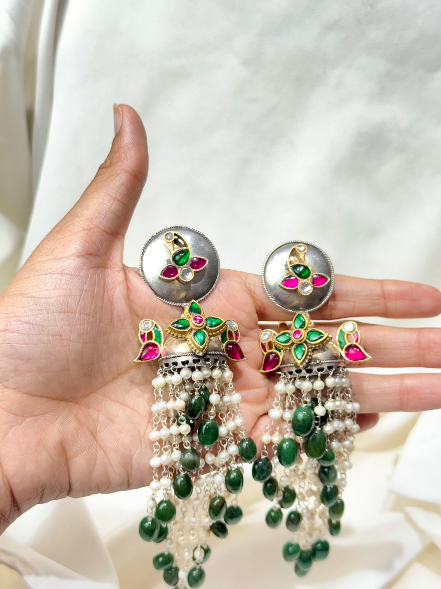 Anokhi Mayur Pearl&Green Aventurine Waterfall 92.5 Silver Earrings